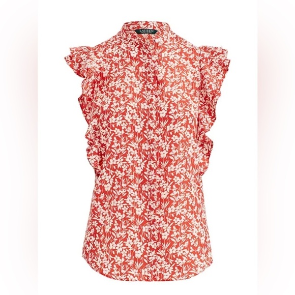 Lauren Ralph Lauren Whimsical Floral Print Crepe Top Sz XS Petite Ruffles - Picture 4 of 11